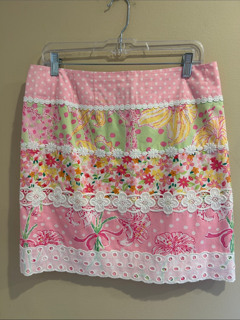 Lilly Pulitzer Pink Floral Patchwork Lace-Trim Mini Skirt